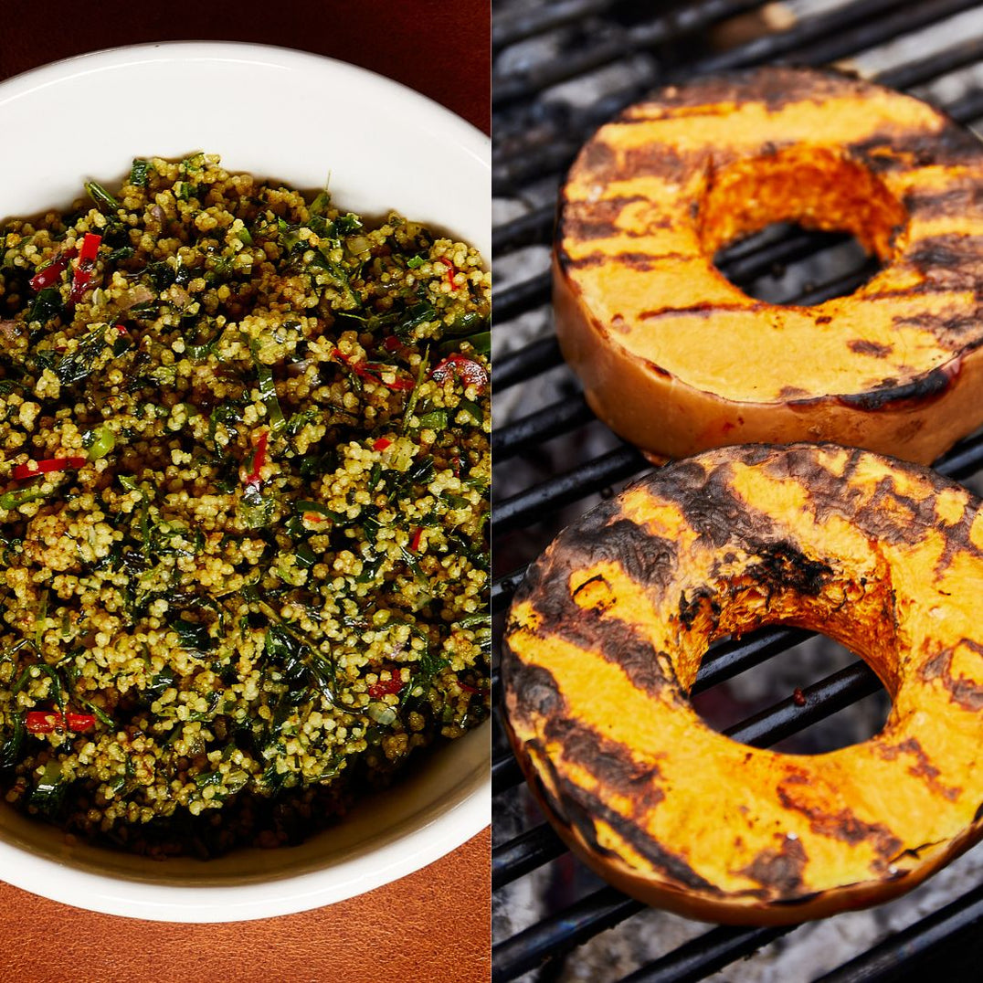 Pompoen met misoboter, furikake met een Groene couscous salade